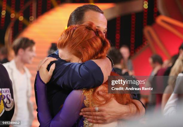 Barbara Meier and Sergui Luca look dejected during the 5th show of the 11th season of the television competition 'Let's Dance' on April 20, 2018 in...