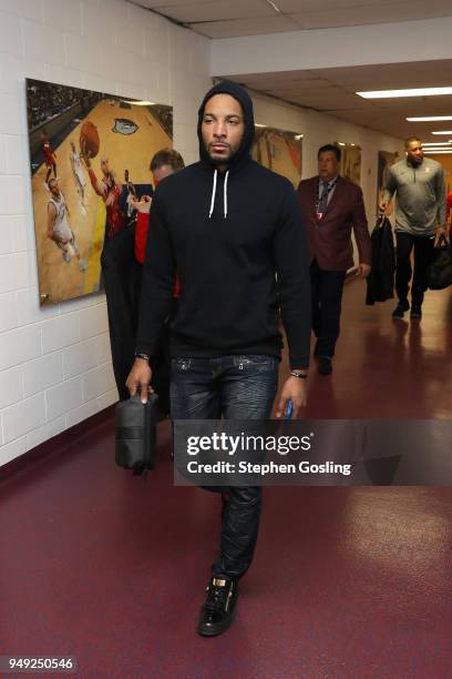 Norman Powell of the Toronto Raptors arrives at the stadium before the game against the Washington Wizards in Game Three of Round One of the 2018 NBA...