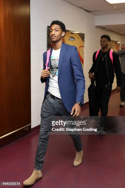 Malcolm Miller of the Toronto Raptors arrives at the stadium before the game against the Washington Wizards in Game Three of Round One of the 2018...