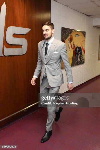 Tomas Satoransky of the Washington Wizards arrives at the stadium before the game against the Toronto Raptors in Game Three of Round One of the 2018...