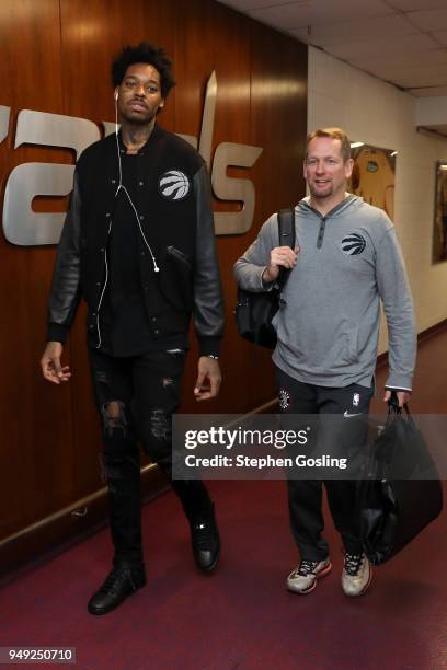 Lucas Nogueira of the Toronto Raptors arrives at the stadium before the game against the Washington Wizards in Game Three of Round One of the 2018...