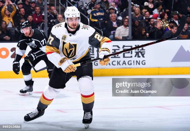 Shea Theodore of the Vegas Golden Knights skates in Game Four of the Western Conference First Round against the Los Angeles Kings during the 2018 NHL...