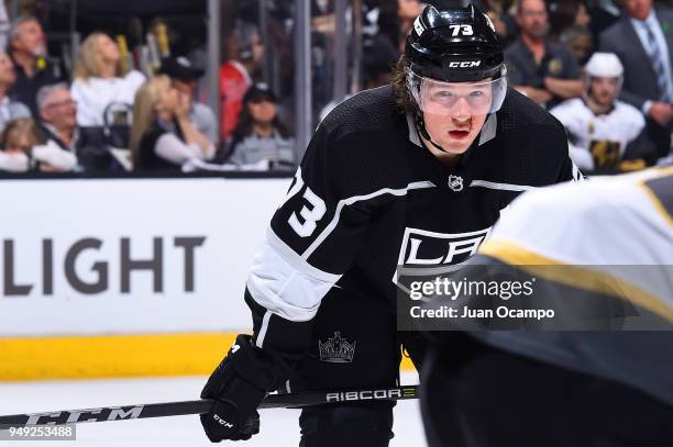 Tyler Toffoli of the Los Angeles Kings lines up for a face-off in Game Four of the Western Conference First Round against the Vegas Golden Knights...