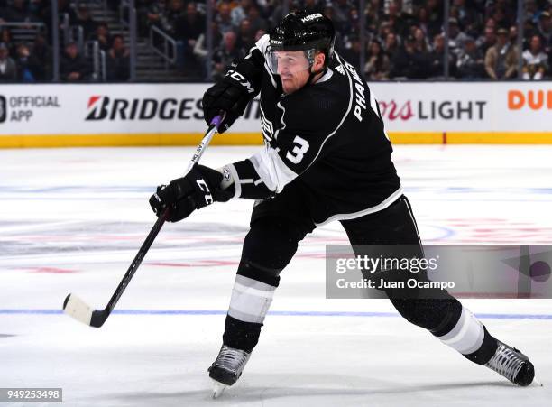Dion Phaneuf of the Los Angeles Kings releases a shot in Game Four of the Western Conference First Round against the Vegas Golden Knights during the...