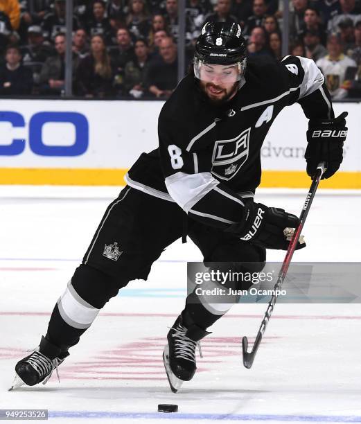 Drew Doughty of the Los Angeles Kings skates with the puck in Game Four of the Western Conference First Round against the Vegas Golden Knights during...