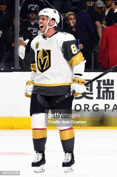 Jonathan Marchessault of the Vegas Golden Knights celebrates a 1-0 win over the Los Angeles Kings in Game Four of the Western Conference First Round...