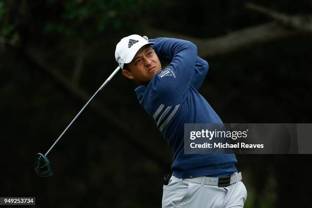 Xander Schauffele plays his shot from the 14th tee during the second round of the Valero Texas Open at TPC San Antonio AT&T Oaks Course on April 19,...