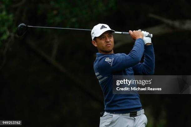 Xander Schauffele plays his shot from the 14th tee during the second round of the Valero Texas Open at TPC San Antonio AT&T Oaks Course on April 19,...