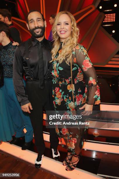 Massimo Sinato and Isabel Edvardsson smile during the 5th show of the 11th season of the television competition 'Let's Dance' on April 20, 2018 in...