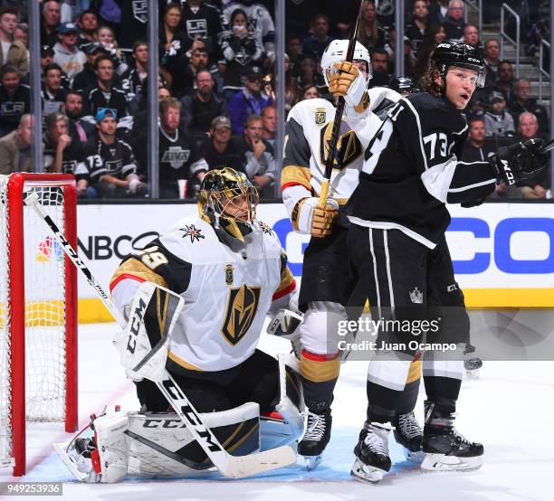 Tyler Toffoli of the Los Angeles Kings battles in front of the net against Marc-Andre Fleury of the Vegas Golden Knights in Game Four of the Western...