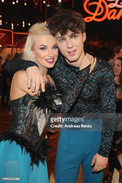 Katja Kaliguna and Roman Lochmann smile during the 5th show of the 11th season of the television competition 'Let's Dance' on April 20, 2018 in...