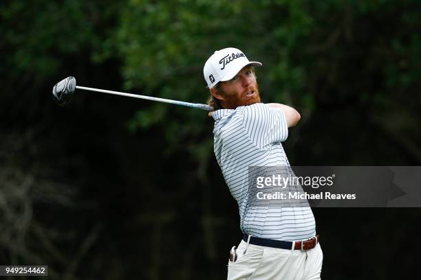 Derek Fathauer plays his shot from the 14th tee during the second round of the Valero Texas Open at TPC San Antonio AT&T Oaks Course on April 19,...