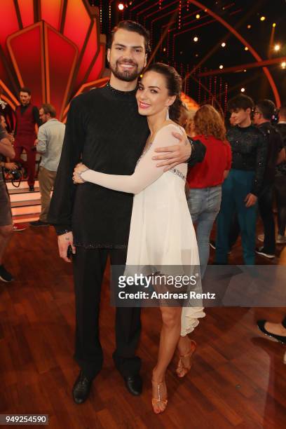 Jimi Blue Ochsenknecht and Renata Lusin smile during the 5th show of the 11th season of the television competition 'Let's Dance' on April 20, 2018 in...