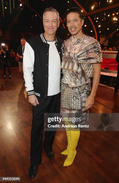 Thomas Hermanns and Jorge Gonzalez smile during the 5th show of the 11th season of the television competition 'Let's Dance' on April 20, 2018 in...