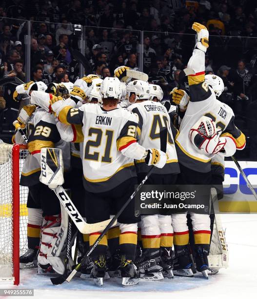 The Vegas Golden Knights celebrate their 1-0 win over the Los Angeles Kings in Game Four of the Western Conference First Round during the 2018 NHL...