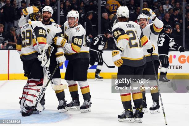 The Vegas Golden Knights celebrate their 1-0 win over the Los Angeles Kings in Game Four of the Western Conference First Round during the 2018 NHL...