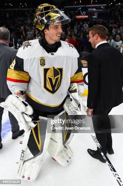 Marc-Andre Fleury of the Vegas Golden Knights smiles following a 1-0 shut out win against the Los Angeles Kings in Game Four of the Western...