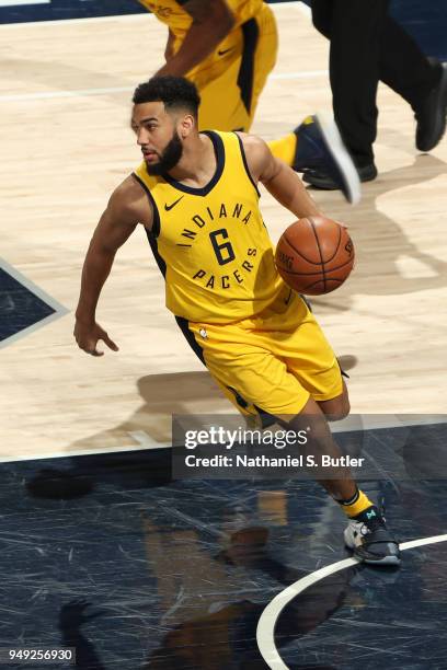 Cory Joseph of the Indiana Pacers handles the ball against the Cleveland Cavaliers in Game Three of Round One of the 2018 NBA Playoffs on April 20,...