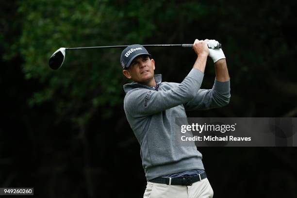 Brendan Steele plays his shot from the 14th tee during the second round of the Valero Texas Open at TPC San Antonio AT&T Oaks Course on April 19,...