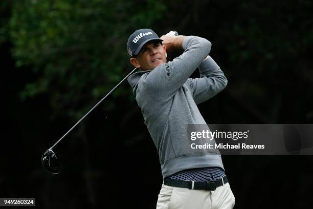 Brendan Steele plays his shot from the 14th tee during the second round of the Valero Texas Open at TPC San Antonio AT&T Oaks Course on April 19,...