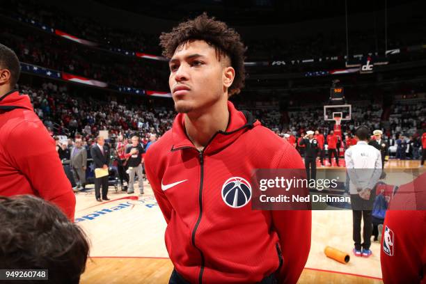 Kelly Oubre Jr. #12 of the Washington Wizards stands during the national anthem before the game against the Toronto Raptors in Game Three of Round...