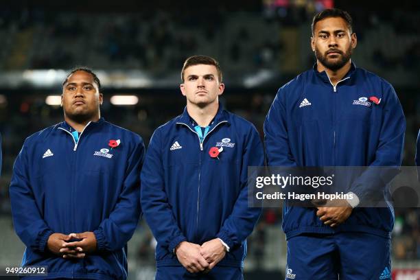 To R, Mike Tamoaieta, Bryn Gatland and Patrick Tuipulotu of the Blues look on during the round 10 Super Rugby match between the Blues and the...