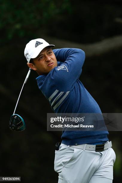 Xander Schauffele plays his shot from the 14th tee during the second round of the Valero Texas Open at TPC San Antonio AT&T Oaks Course on April 19,...