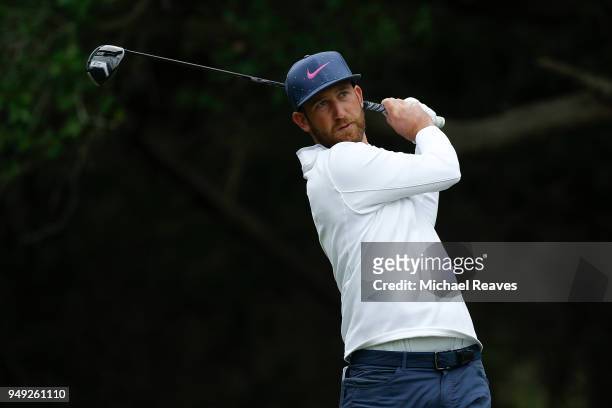 Kevin Chappell plays his shot from the 14th tee during the second round of the Valero Texas Open at TPC San Antonio AT&T Oaks Course on April 19,...