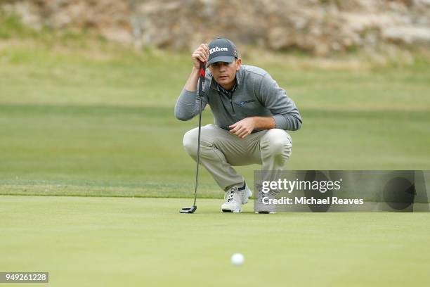 Brendan Steele looks over a putt on the 13th green during the second round of the Valero Texas Open at TPC San Antonio AT&T Oaks Course on April 19,...