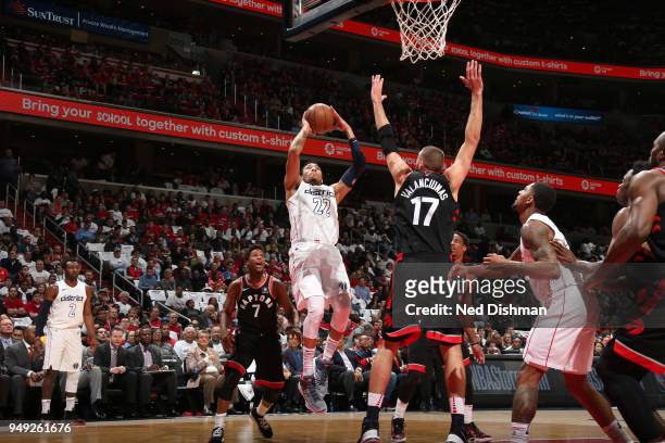 Otto Porter Jr. #22 of the Washington Wizards goes to the basket against the Toronto Raptors in Game Three of Round One of the 2018 NBA Playoffs on...