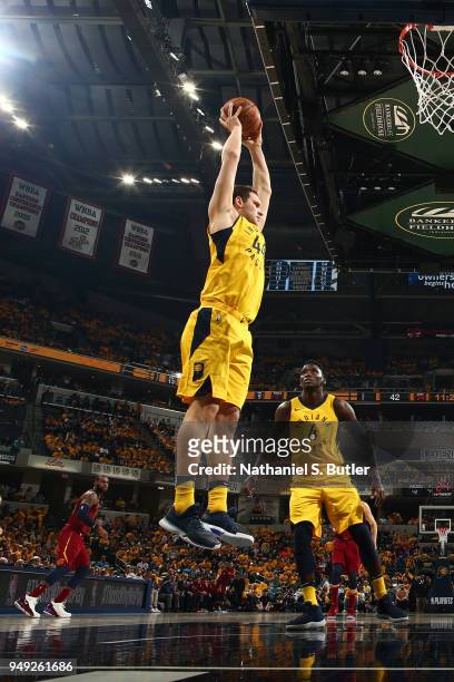 Bojan Bogdanovic of the Indiana Pacers grabs the rebound against the Cleveland Cavaliers in Game Three of Round One of the 2018 NBA Playoffs on April...