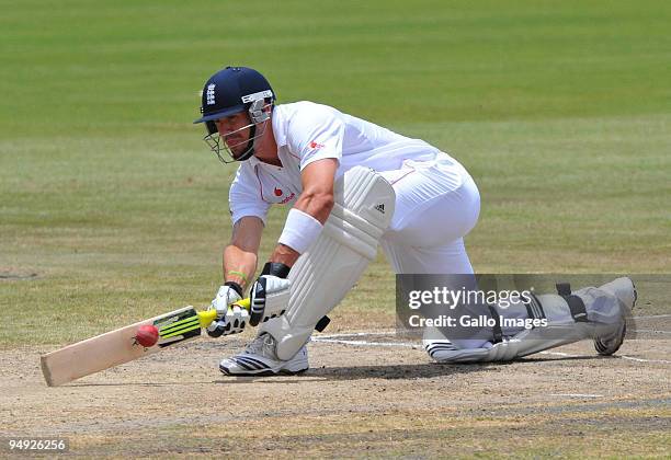 Kevin Pietersen of England plays a sweep shot during day 5 of the 1st Test match between South Africa and England from Supersport Park on December...