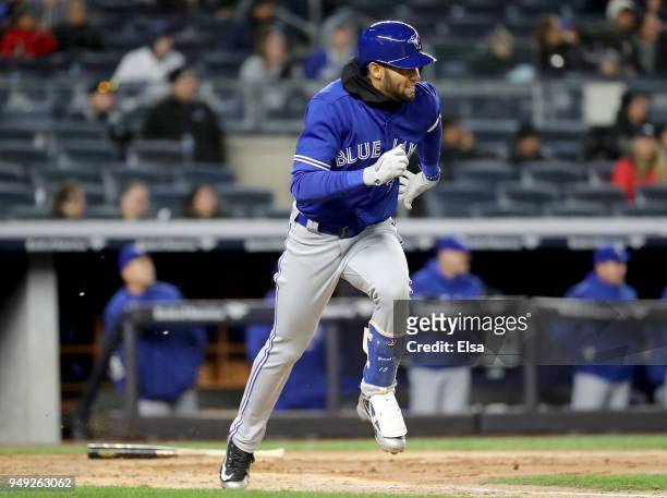 Lourdes Gurriel Jr. #13 of the Toronto Blue Jays gets his first major league hit with a 2 RBI single in the fourth inning against the New York...