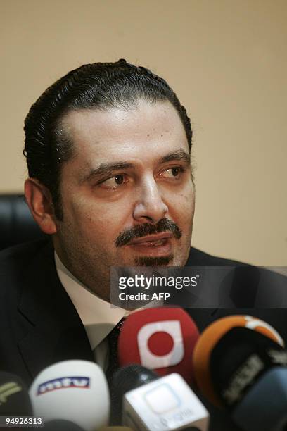 Lebanese Prime Minister Saad Hariri holds a press conference at the Lebanese embassy in Damascus after meeting with Syrian President Bashar al-Assad...
