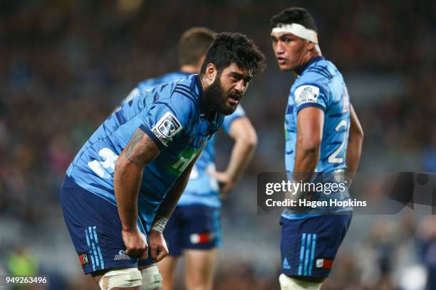 Akira Ioane of the Blues looks on during the round 10 Super Rugby match between the Blues and the Highlanders at Eden Park on April 20, 2018 in...