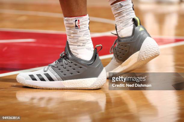 Sneakers of Kelly Oubre Jr. #12 of the Washington Wizards during the game against the Toronoto Raptors in Game Three of Round One of the 2018 NBA...