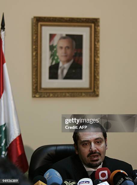 Lebanese Prime Minister Saad Hariri holds a press conference at the Lebanese embassy in Damascus after meeting with Syrian President Bashar al-Assad...