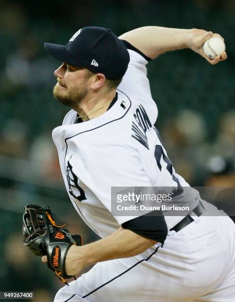 Alex Wilson of the Detroit Tigers pitches against the Kansas City Royals during the seventh inning of game two of a doubleheader at Comerica Park on...