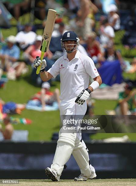 Kevin Pietersen of England celebrates making fifty runs during day five of the first test match between South Africa and England at Centurion Park on...