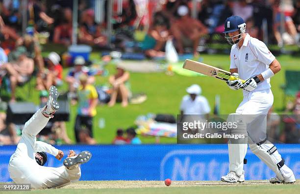 Kevin Pietersen of England nearly caught by Hashim Amla of South Africa during day 5 of the 1st Test match between South Africa and England from...