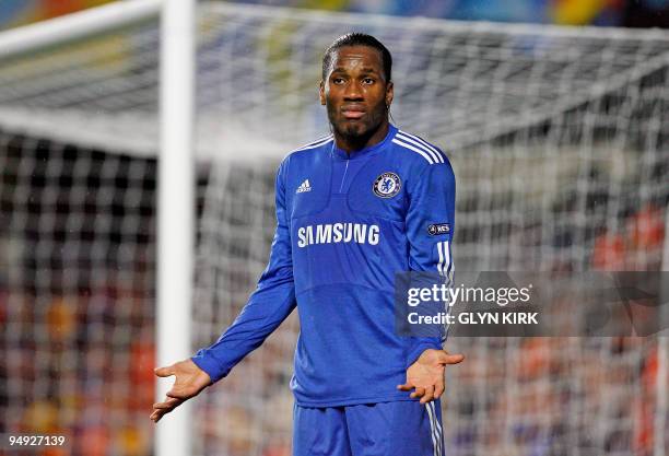 Chelsea's Ivory Coast striker Didier Drogba reacts to missing a chance on goal during their UEFA Champions League Group D match against Apoel Nicosia...