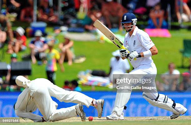 Kevin Pietersen of England nearly caught by Hashim Amla of South Africa during day 5 of the 1st Test match between South Africa and England from...