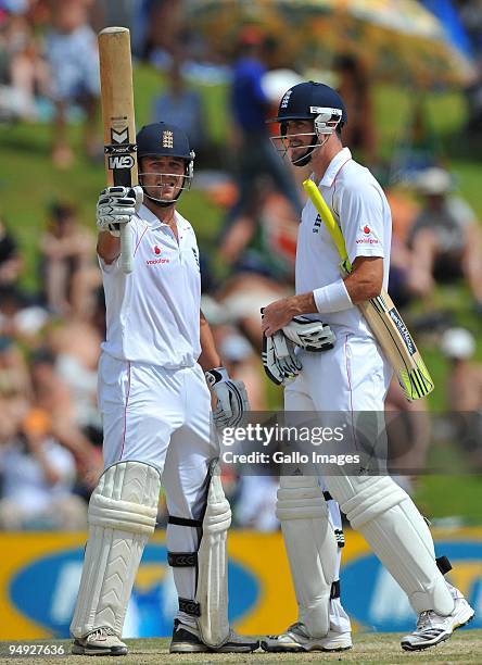 Jonathan Trott of England celebrates his 50 with Kevin Pietersen during day 5 of the 1st Test match between South Africa and England from Supersport...