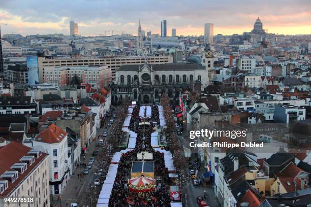 belgium, brussels, city skyline and christmas market on the fish-market-place in the old town - brussels skyline stock pictures, royalty-free photos & images