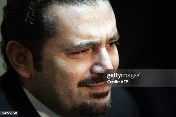 Lebanese Prime Minister Saad Hariri speaks to reporters at the Lebanese embassy in Damascus following a second meeting with Syrian President Bashar...