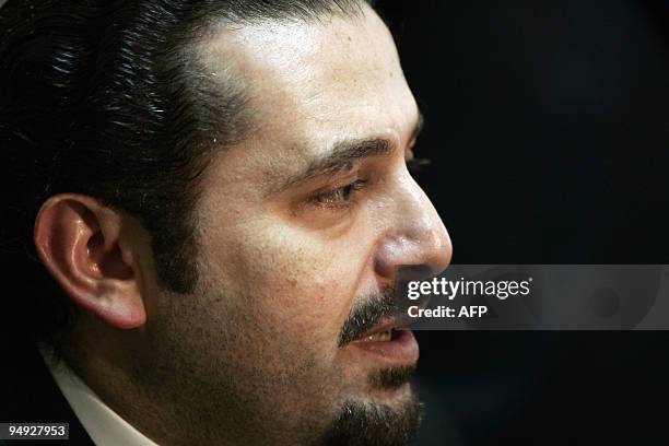 Lebanese Prime Minister Saad Hariri speaks to reporters at the Lebanese embassy in Damascus following a second meeting with Syrian President Bashar...