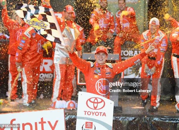 Christopher Bell, driver of the Rheem Toyota, celebrates in victory lane after winning the NASCAR Xfinity Series ToyotaCare 250 at Richmond Raceway...