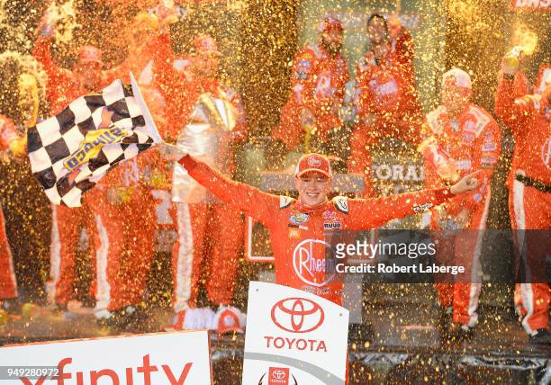 Christopher Bell, driver of the Rheem Toyota, celebrates in victory lane after winning the NASCAR Xfinity Series ToyotaCare 250 at Richmond Raceway...