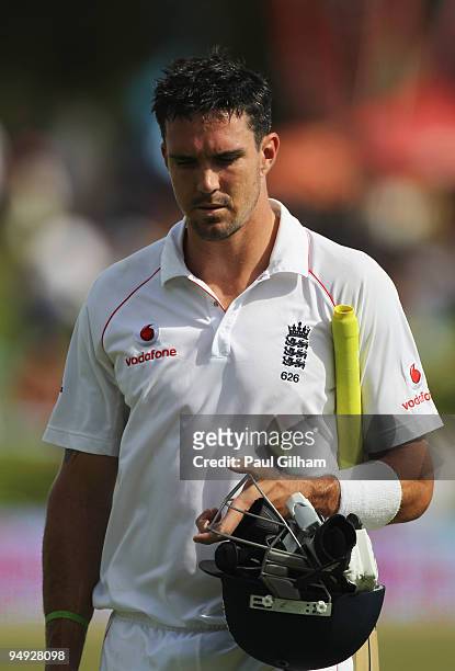 Kevin Pietersen of England looks dejected as he walks off after being run out by Friedel de Wet for 81 runs during day five of the first test match...