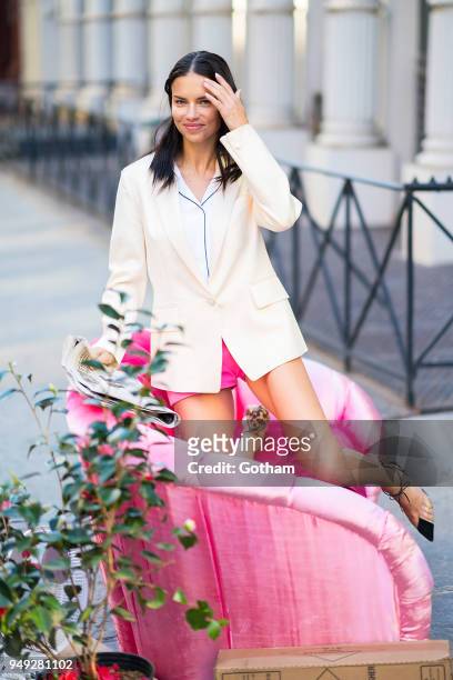 Adriana Lima is seen during a photoshoot in SoHo on April 20, 2018 in New York City.